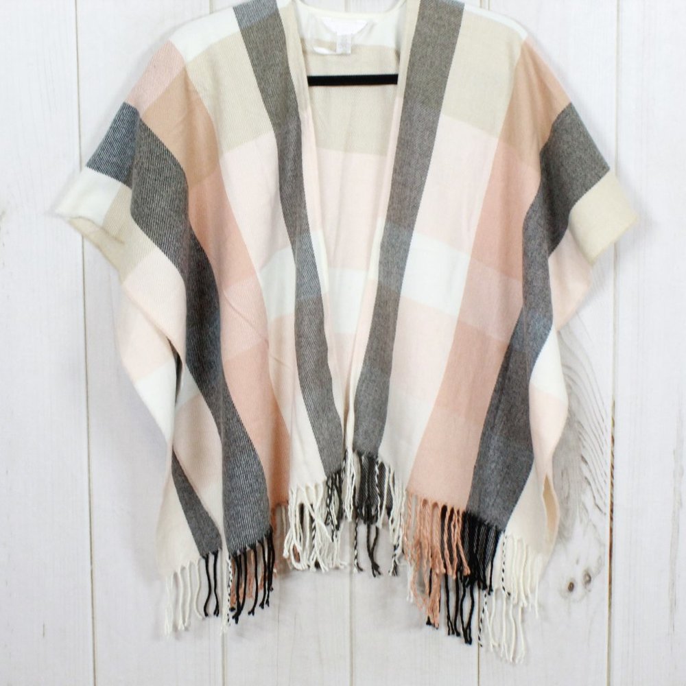 LC Lauren Condrad Multicolor Fringed Woven Plaid Cardigan Shawl Size OS - Picture 3 of 10